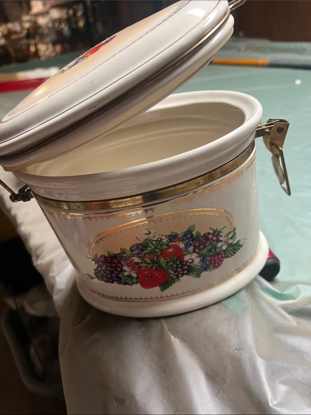 Vintage White Ceramic Fruit Canister with Airtight Clamp Lid